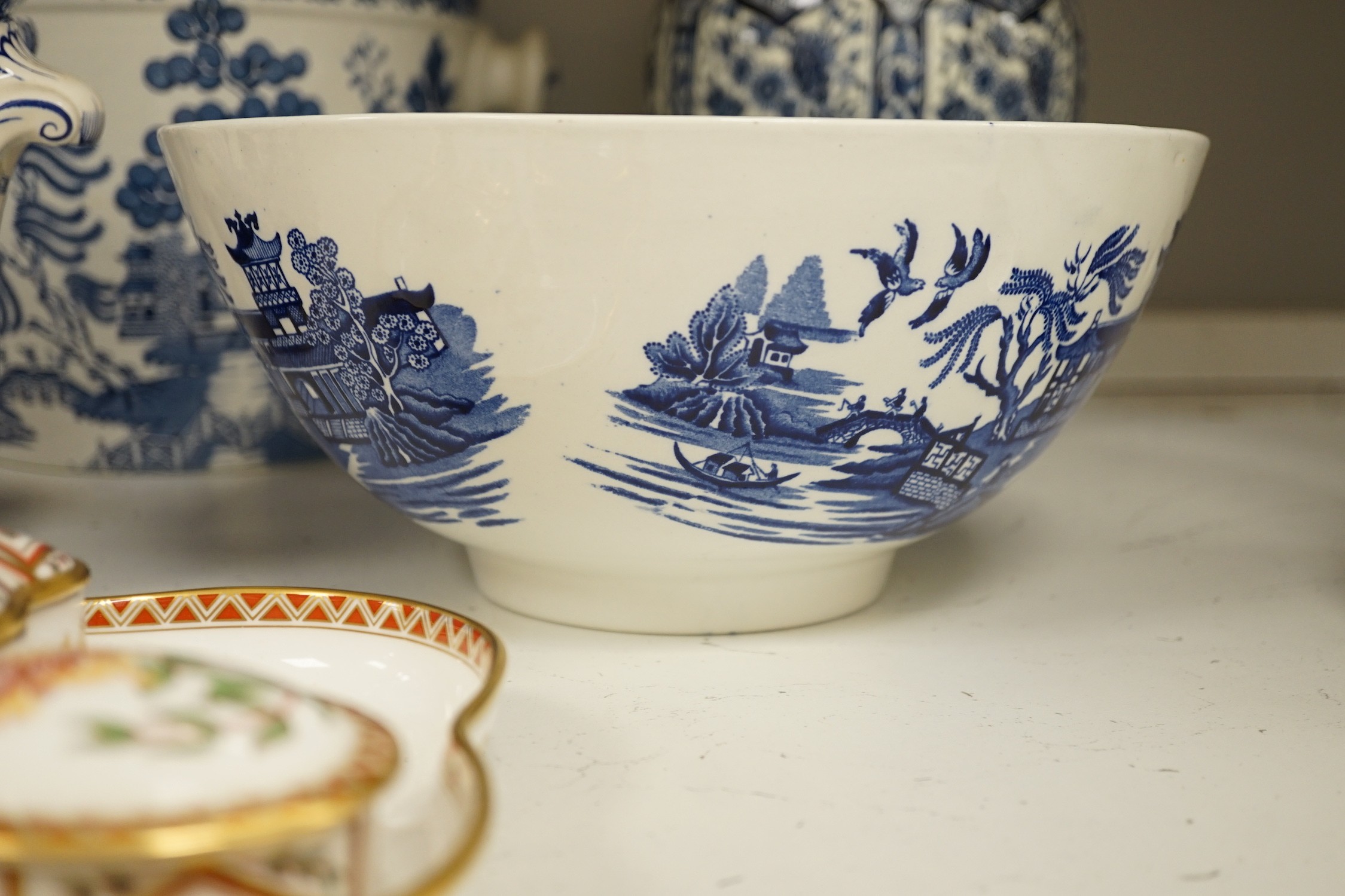 A Royal Crown Derby trinket set, Honeysuckle pattern and a few blue-printed earthenware items including Spode, Maling ware, etc.